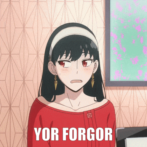 A Girl In A Red Shirt With The Word Yor Forgor Written On It GIF