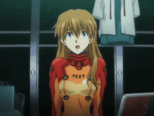 Girl In Red Suit With Test On Chest GIF
