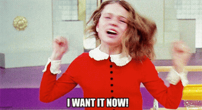 A Girl In A Red Sweater Says " I Want It Now " GIF