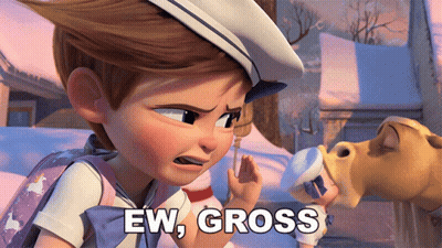 A Girl In A Sailor Hat Says " Ew Gross " In Front Of A Cow GIF