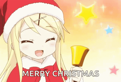 A Girl In A Santa Hat Is Holding A Bell With The Words Merry Christmas Written On It GIF