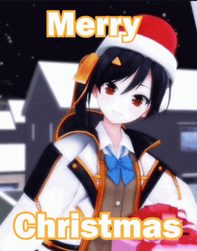 A Girl In A Santa Hat Is Holding A Gift And The Words Merry Christmas Are On The Bottom GIF