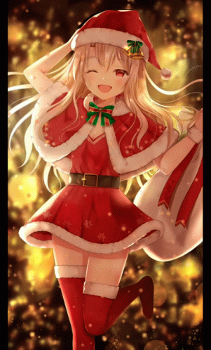 A Girl In A Santa Outfit Is Holding A Bag And Smiling GIF