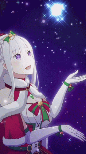 A Girl In A Santa Outfit Is Looking Up At The Stars GIF