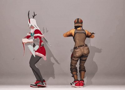 A Girl In A Santa Outfit Is Standing Next To A Girl In A Soldier Outfit GIF