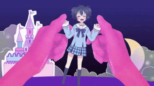 A Girl In A School Uniform Is Being Held By Pink Hands GIF