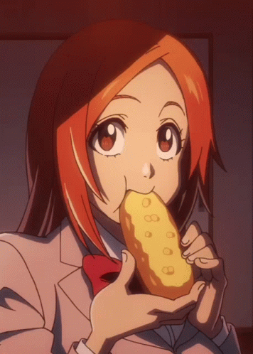 A Girl In A School Uniform Is Eating A Donut With Holes In It GIF