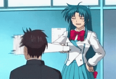 A Girl In A School Uniform Is Giving A Piece Of Paper To A Boy In A School Uniform . GIF