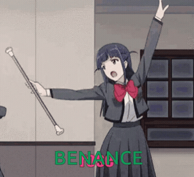 A Girl In A School Uniform Is Holding A Cane With The Word Benance Written On The Bottom GIF