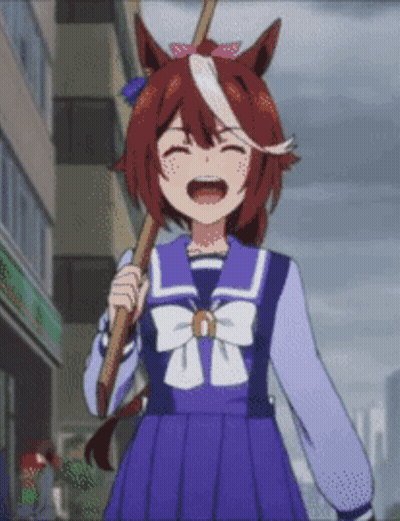 A Girl In A School Uniform Is Holding A Stick And Laughing GIF