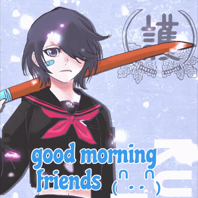 A Girl In A School Uniform Is Holding A Sword And The Words Good Morning Friends Are Below Her GIF