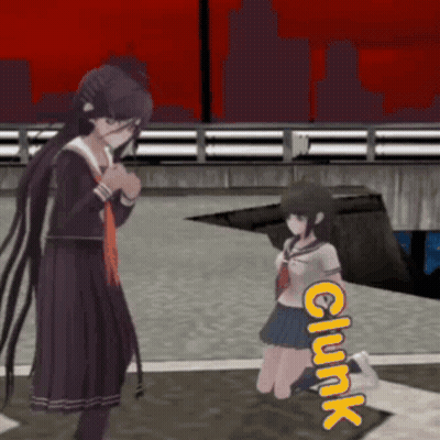 A Girl In A School Uniform Is Kneeling Down Next To A Girl In A School Uniform With The Word Clunk In Yellow Letters GIF