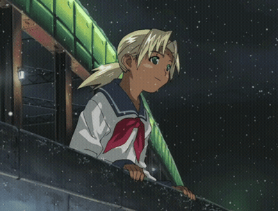 A Girl In A School Uniform Is Leaning On A Railing While Snow Is Falling GIF