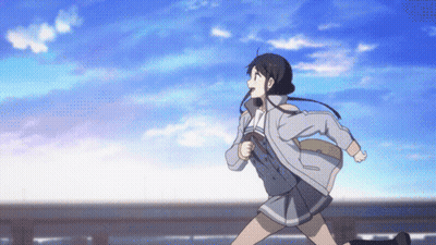 A Girl In A School Uniform Is Running On A Bridge With A Blue Sky In The Background GIF