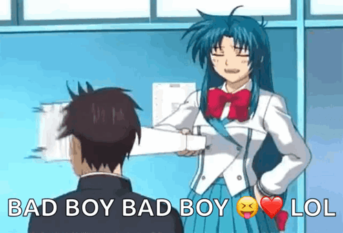 A Girl In A School Uniform Is Shaking A Boy 'S Hand And Says Bad Boy Bad Boy Lol GIF
