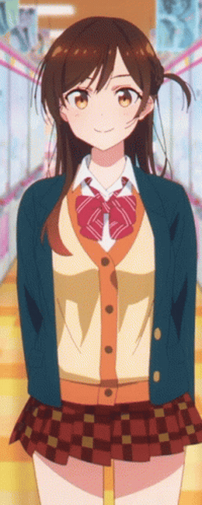 A Girl In A School Uniform Is Smiling In A Hallway GIF