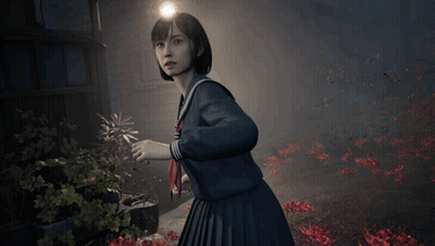 A Girl In A School Uniform Is Standing In A Dark Area With Red Flowers GIF