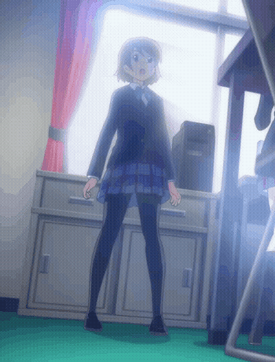 A Girl In A School Uniform Is Standing In Front Of A Desk GIF