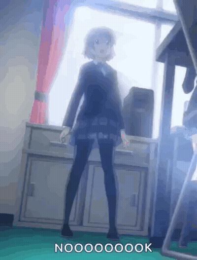 A Girl In A School Uniform Is Standing In Front Of A Window In A Classroom And Says Nooo . GIF