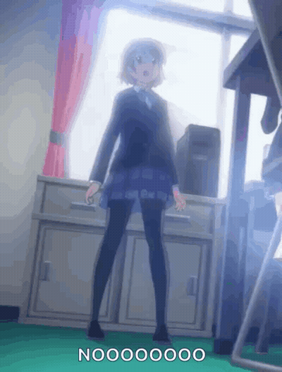 A Girl In A School Uniform Is Standing In Front Of A Window With The Words Nooooooo On The Bottom Right GIF