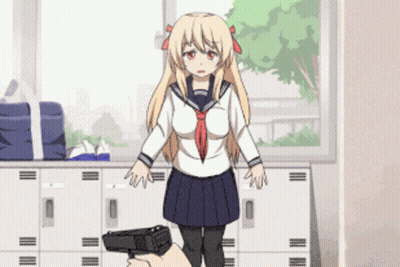 A Girl In A School Uniform Is Standing In Front Of Lockers Holding A Gun GIF