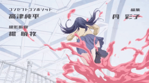 A Girl In A School Uniform Is Surrounded By Pink Liquid With Chinese Writing On It GIF