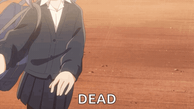 A Girl In A School Uniform Is Walking Down A Dirt Road With The Word Dead Above Her GIF