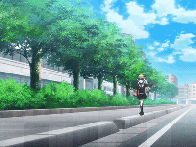 A Girl In A School Uniform Is Walking Down A Street With Trees In The Background GIF