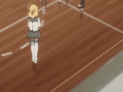 A Girl In A School Uniform Is Walking On A Wood Floor GIF