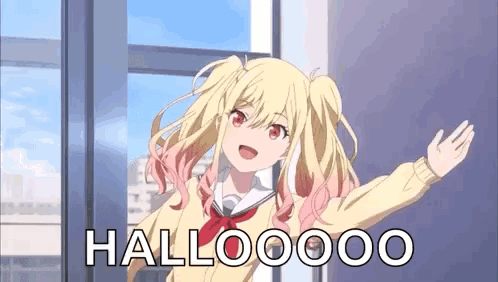 A Girl In A School Uniform Is Waving At The Camera . GIF
