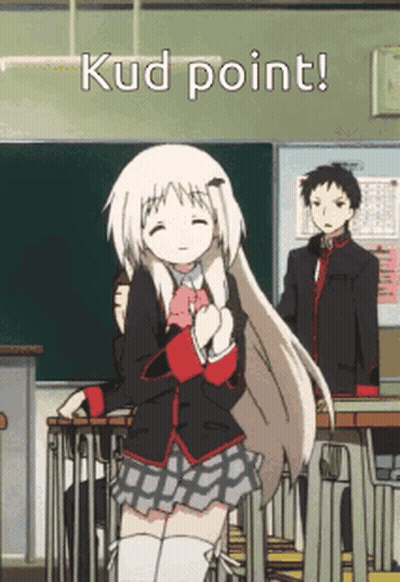 A Girl In A School Uniform Stands In Front Of A Blackboard With The Words " Kud Point " GIF