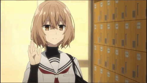 A Girl In A School Uniform Stands In Front Of A Row Of Lockers GIF