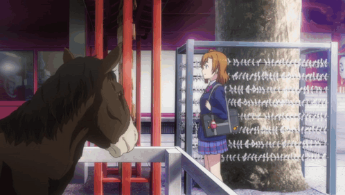 A Girl In A School Uniform Stands Next To A Brown Horse GIF
