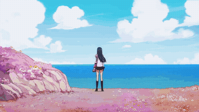 A Girl In A School Uniform Stands On A Hill Overlooking The Ocean GIF