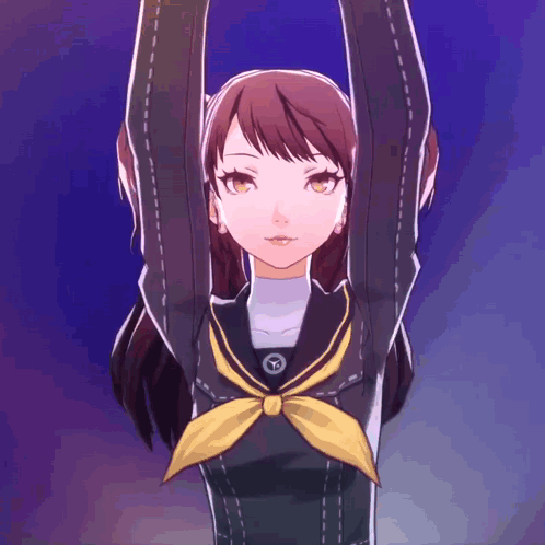 A Girl In A School Uniform With A Yellow Bow Has Her Arms Up GIF