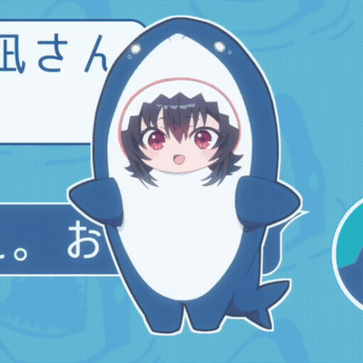 A Girl In A Shark Costume With Chinese Writing On The Bottom GIF