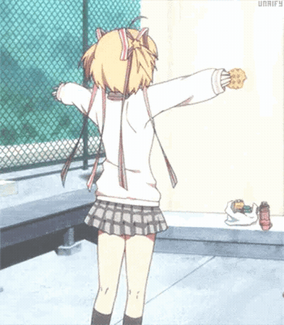 A Girl In A Skirt Is Holding A Cookie With Her Arms Outstretched In Front Of A Fence . GIF