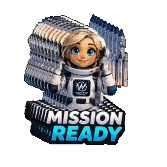 A Girl In A Space Suit Is Holding A Stack Of Rockets And The Words Mission Ready Sticker