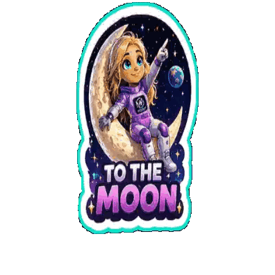A Girl In A Space Suit Is Sitting On A Crescent Moon With The Words " To The Moon " Below Her Sticker