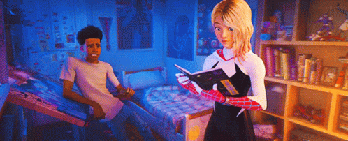 A Girl In A Spiderman Outfit Is Reading A Book To A Boy In A Bedroom GIF