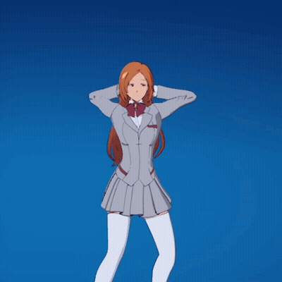 A Girl In A Suit And White Thigh High Socks Is Dancing On A Blue Background GIF