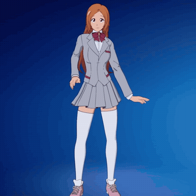 A Girl In A Suit And White Thigh High Socks Stands On A Blue Background GIF