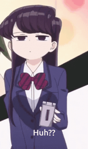 A Girl In A Suit Is Holding A Cell Phone And The Words Huh Are Below Her GIF
