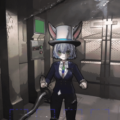 A Girl In A Top Hat Is Standing In A Dark Room GIF