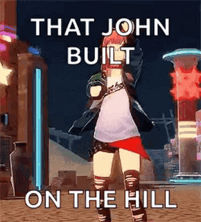A Girl In A Video Game Is Standing In Front Of A Building And Says That John Built On The Hill . GIF