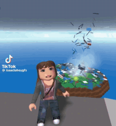 A Girl In A Video Game Is Standing In Front Of A Giant Island In The Ocean . GIF