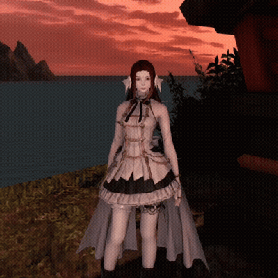 A Girl In A White And Black Dress Stands In Front Of A Body Of Water GIF