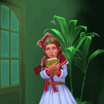 A Girl In A White Dress Is Holding A Book In Front Of A Plant GIF