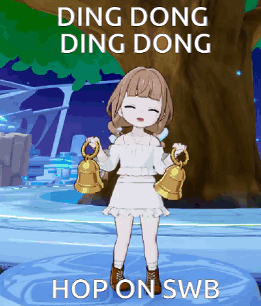 A Girl In A White Dress Is Holding A Pair Of Bells And Says Ding Dong Ding Dong Hop Onswb GIF