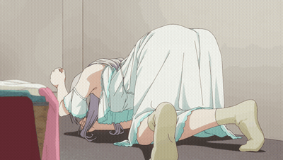 A Girl In A White Dress Is Kneeling Down GIF